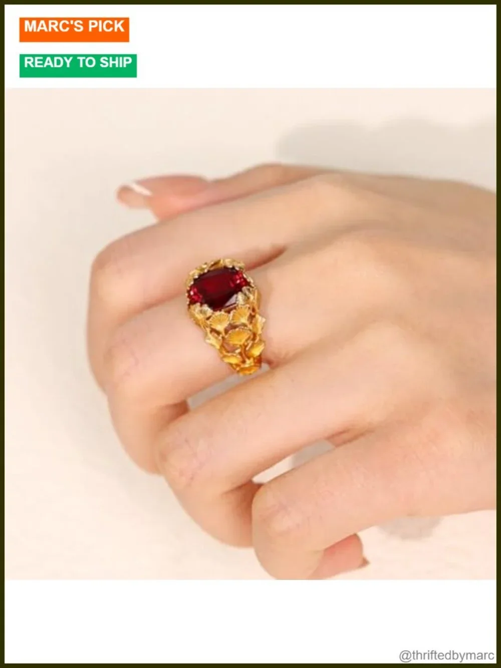 Ginkgo Leaf Lab Grown Ruby Ring 24K Gold Plated Sterling Silver